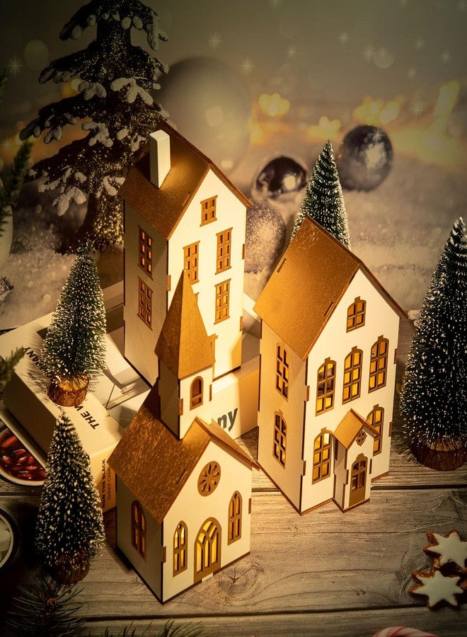 BEARAE Christmas Village Houses, 7PCS, Christmas Village Accessories, Christmas Village Sets Collection, Including 3 Led Lighted Houses and 4 Frosted Trees for Tabletop Mantel Décor - Image 5